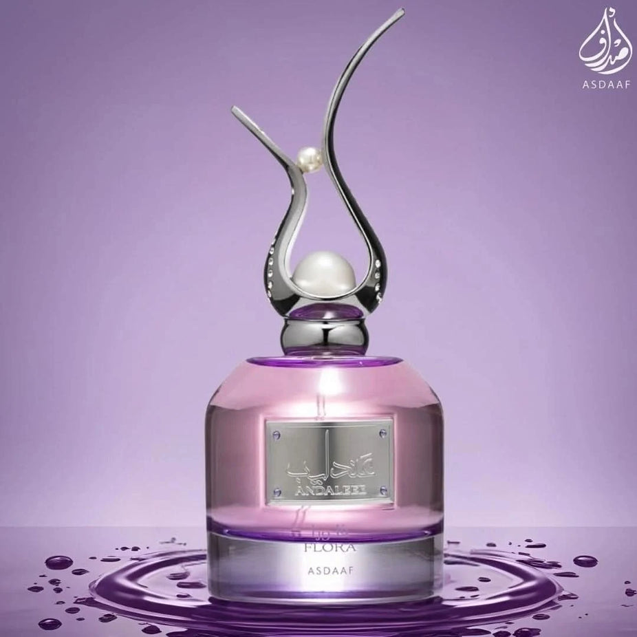 Andaleeb Flora Eau de Parfum spray by Asdaaf, 100ml bottle with floral design, showcasing elegant packaging and perfume cap