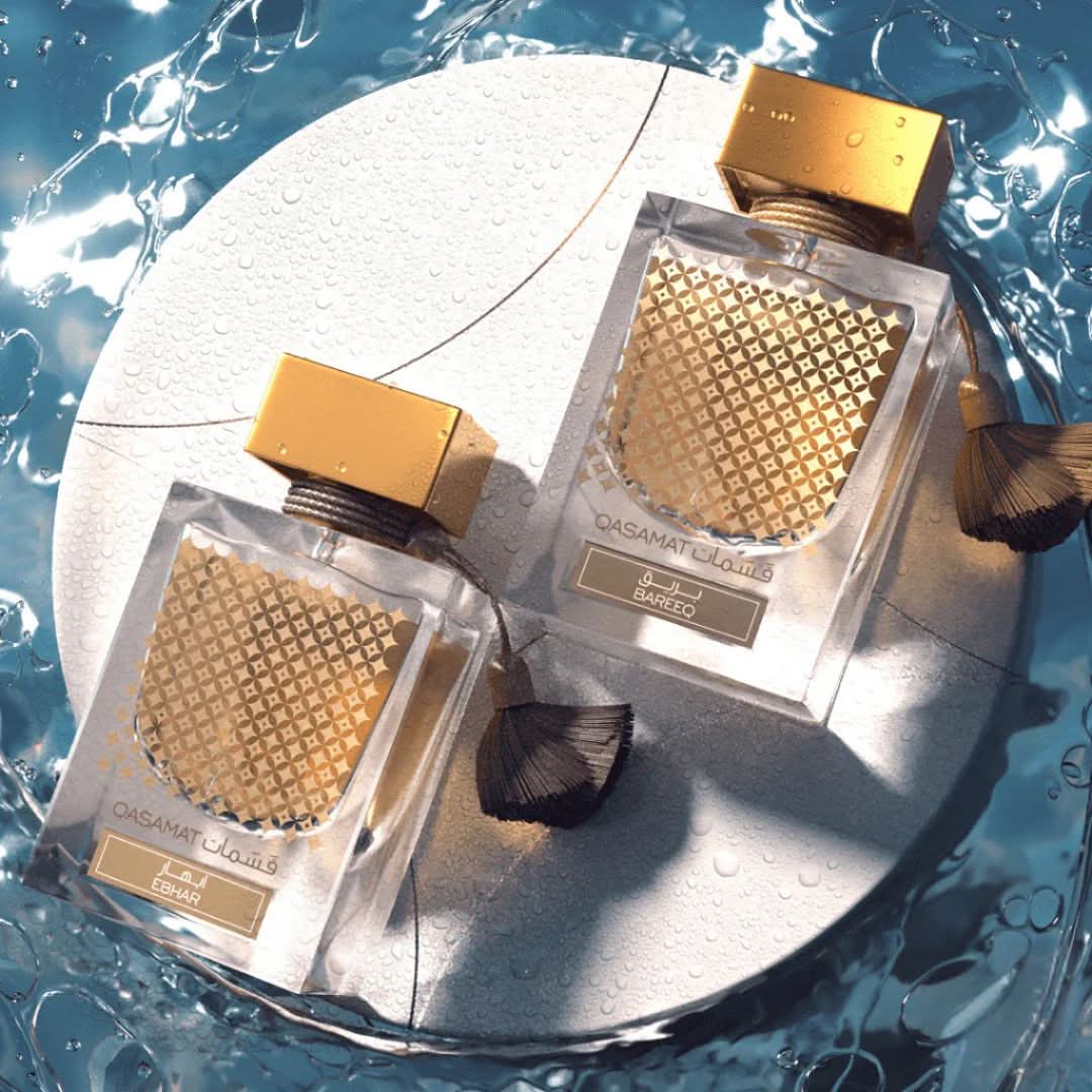 Rasasi Qasamat Ebhar and Bareeq Eau de Parfum sprays in a 65ml bundle, featuring elegant bottles and intricate design details.