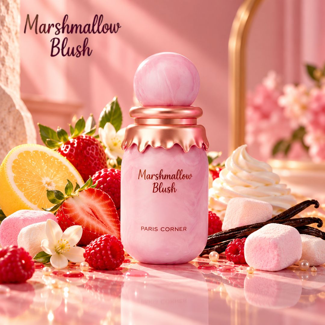 Fragrance bundle with Choco Musk, Pink Blush, Yara, and Marshmallow Blush Eau de Parfum sprays by Intense Oud, 50ml each.