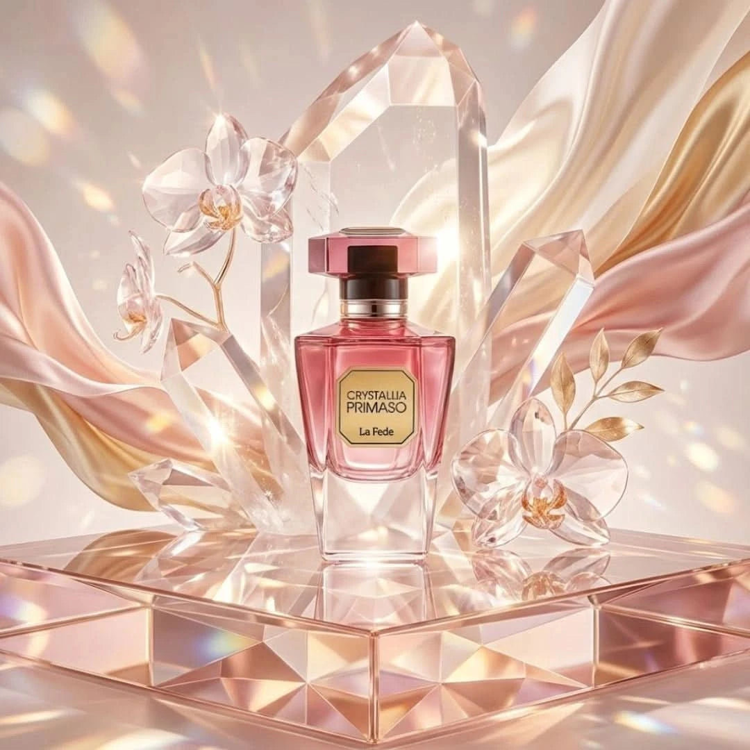 Khadlaj La Fede Crystallia Primaso Eau de Parfum spray 100ml, elegant perfume bottle with a sleek design and floral accents.