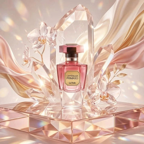 Khadlaj La Fede Crystallia Primaso Eau de Parfum spray 100ml, elegant perfume bottle with a sleek design and floral accents.