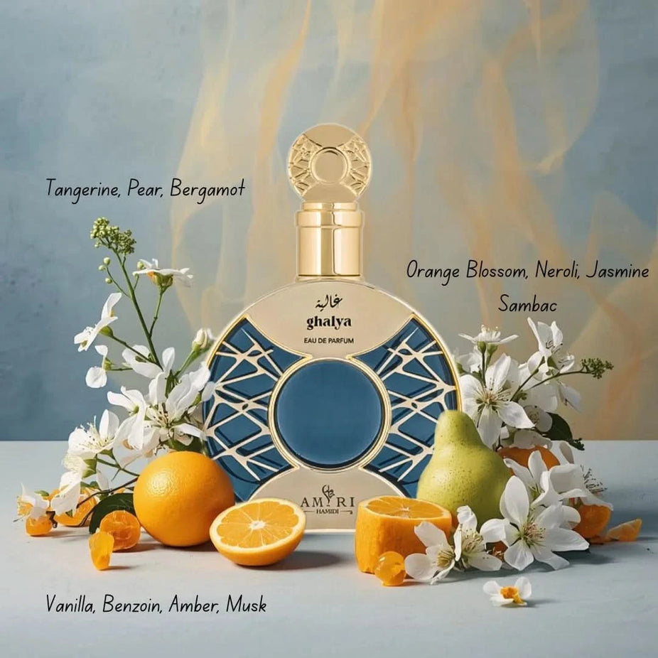 Hamidi Al Qaiser Amiri and Ghalya Amiri Eau de Parfum sprays in a 100ml bundle, featuring elegant glass bottles and decorative caps.