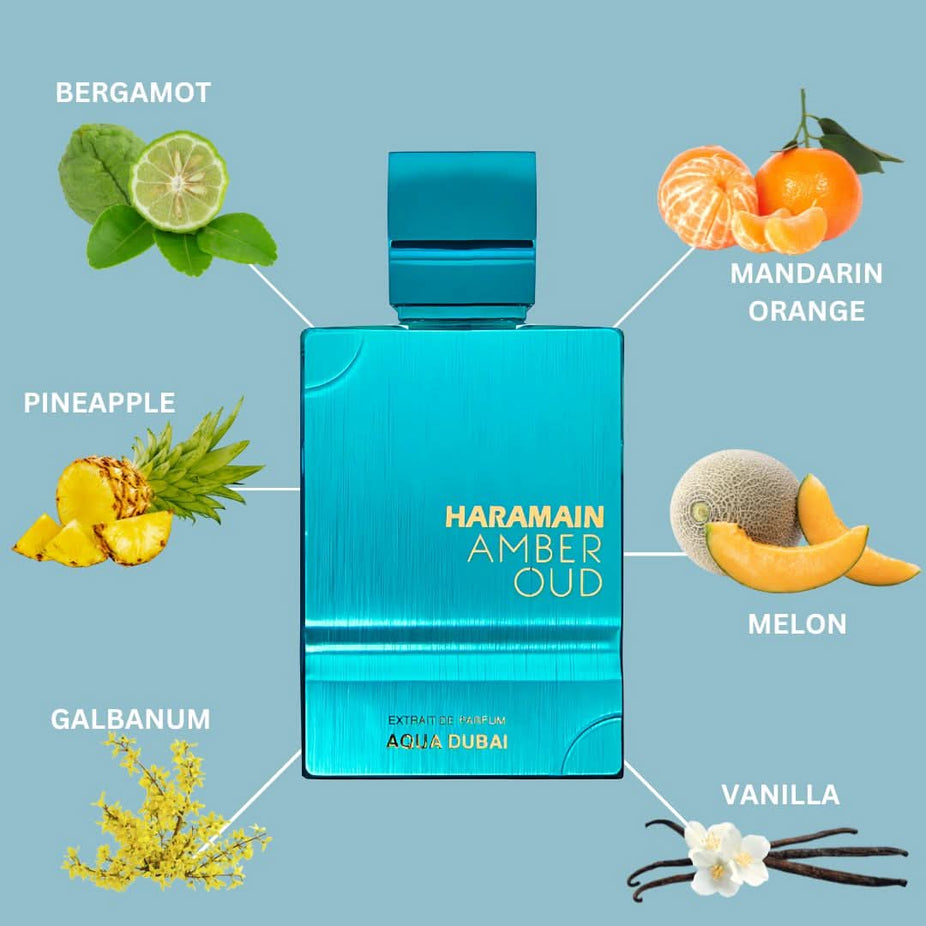 Amber Oud Aqua Dubai Extrait de Parfum Spray by Al Haramain, 100ml, featuring a sleek bottle with amber-colored liquid.