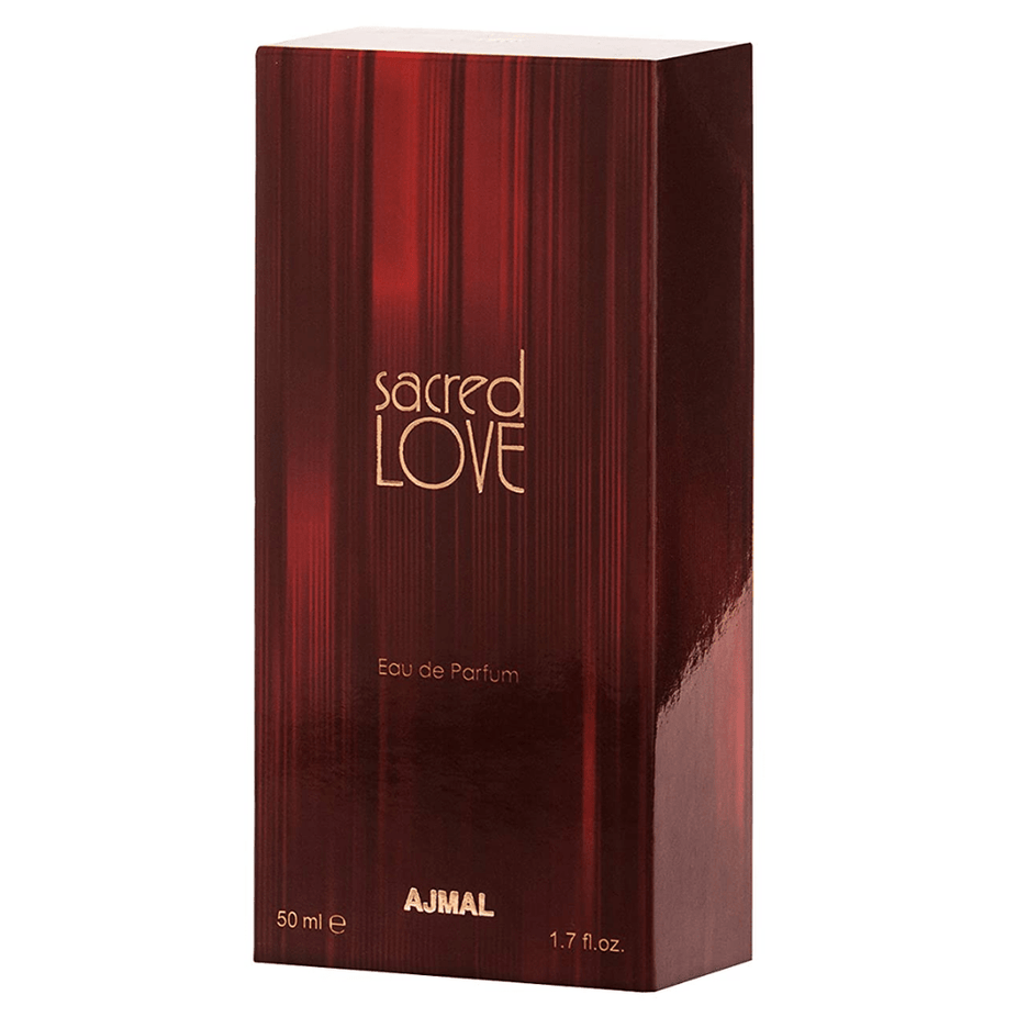 Ajmal Sacred Love for Women Eau De Parfum 50ml bottle, elegant glass container with floral and aromatic notes visible.