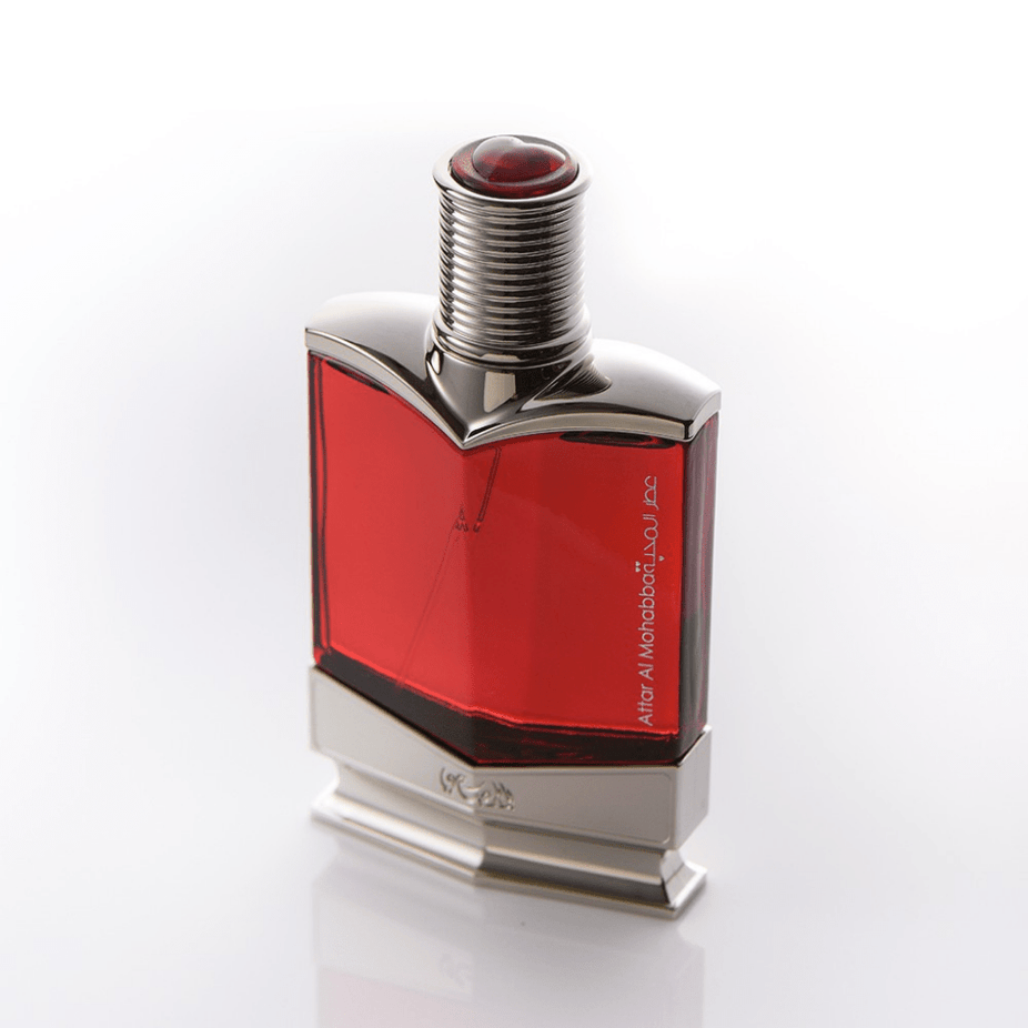 Rasasi Attar Al Mohabba Men EDP in 75ml bottle with a luxurious velvet pouch, showcasing the elegant perfume and pouch design.