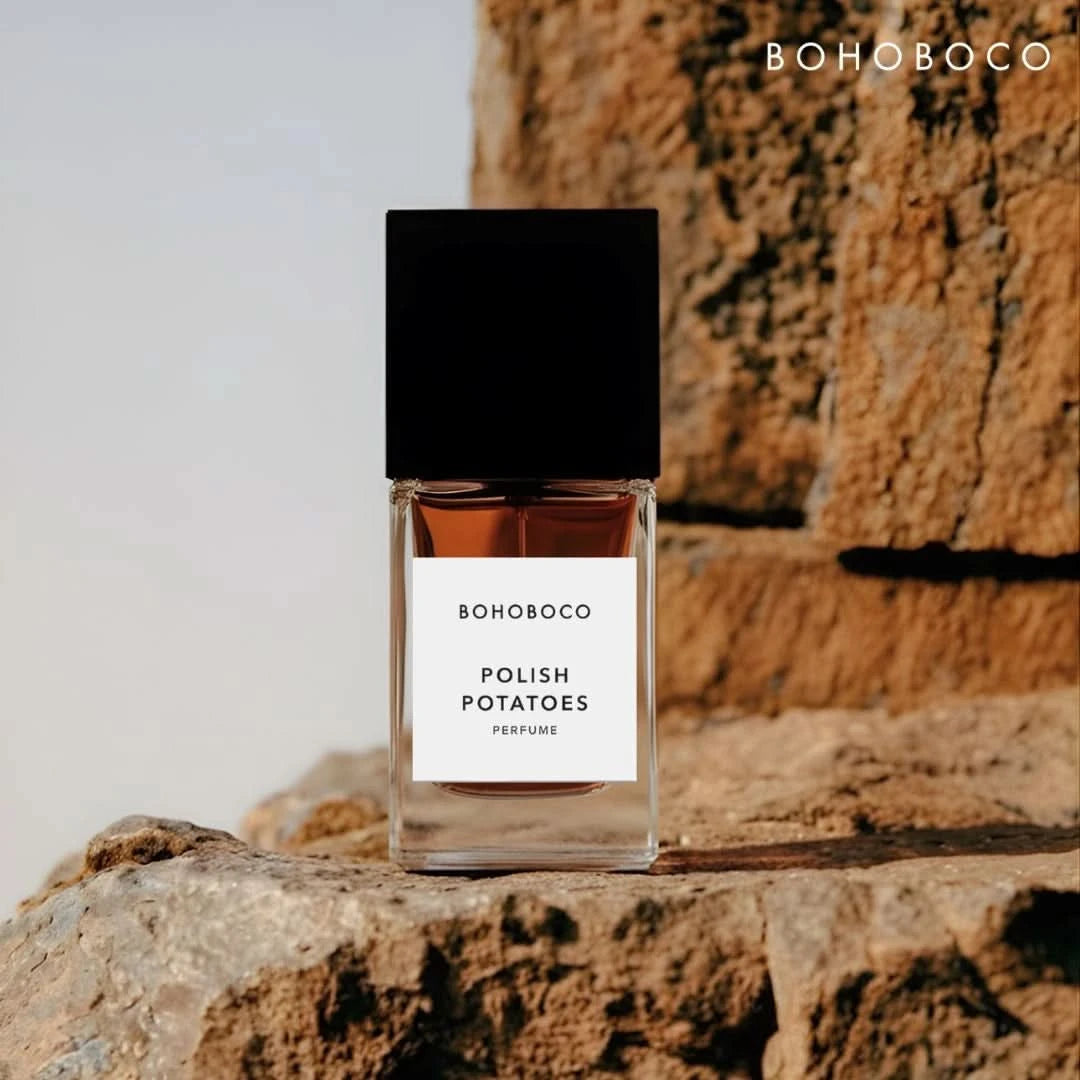 Bohoboco Polish Potatoes Eau de Parfum Spray 50ml bottle with sleek design and floral accents, showcasing the fragrance's elegant packaging.