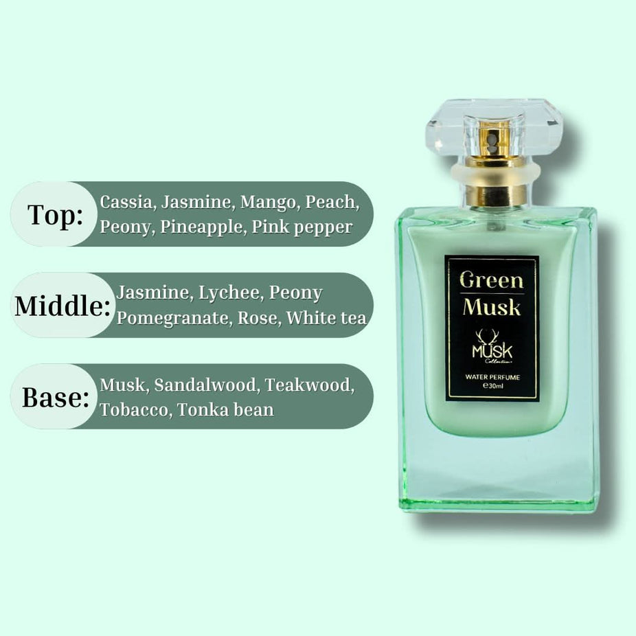 Hamidi Green Musk Water Perfume spray bottle, 30ml, with a sleek design and refreshing, invigorating fragrance visible from the image.