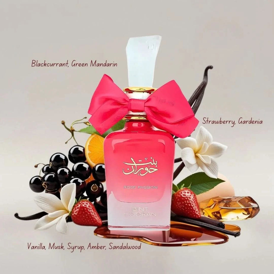 Bundle of Ard Al Zaafaran Bint Hooran and Rose Passion Eau de Parfum sprays, 100ml each, featuring floral and aromatic fragrance bottles.