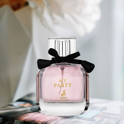Maison Alhambra My Party Eau de Parfum spray 100ml, elegant glass bottle with floral and fruity notes for women.