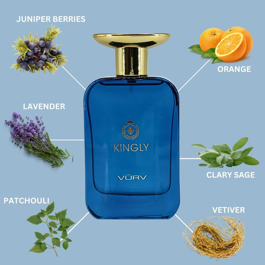 Vurv Kingly Eau de Parfum Spray for Men, 100ml bottle, elegant packaging with a sleek black and silver design.