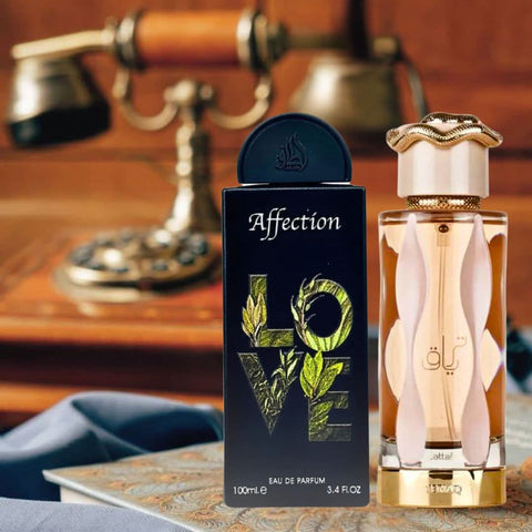 Lattafa Teriaq & Affection Eau de Parfum bundle with two 100ml spray bottles, elegant packaging, and stylish design.