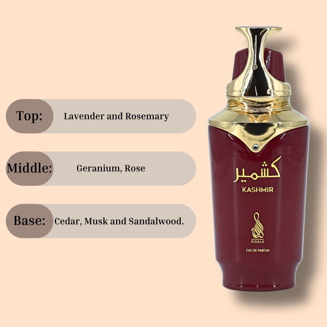 RISALA Kashmir EDP Spray 100ML with elegant bottle, showcasing long-lasting, aromatic fragrance for women and men.