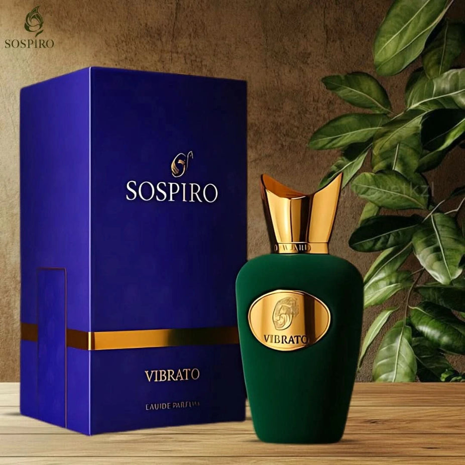 Vibrato Eau De Parfum Spray by Sospiro, 100ml, elegant glass bottle with a sleek design, showcasing the luxurious fragrance.