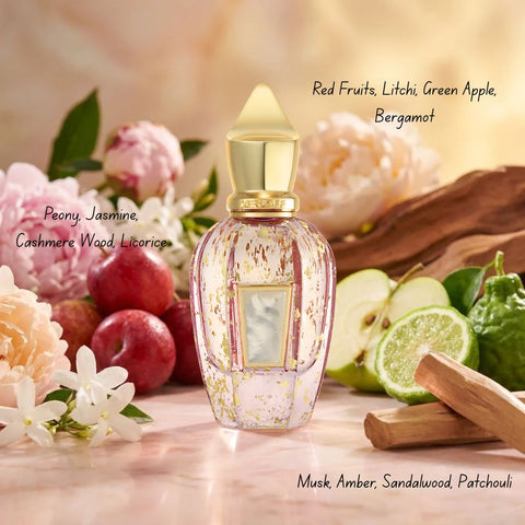 Xerjoff Elle Anniversary Parfum Spray 50ml, elegant glass bottle with gold accents, showcasing luxurious fragrance packaging.
