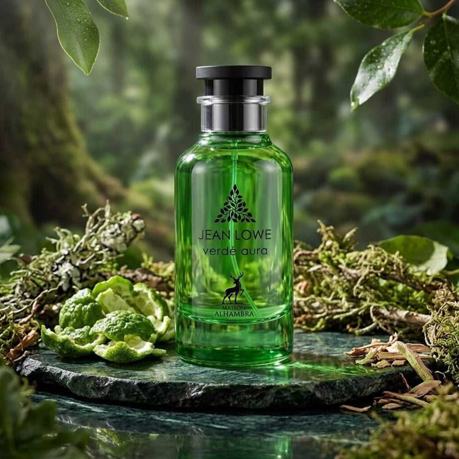 Jean Lowe Verde Aura Eau de Parfum spray by Maison Alhambra, 100ml, featuring the elegant bottle with green accents.
