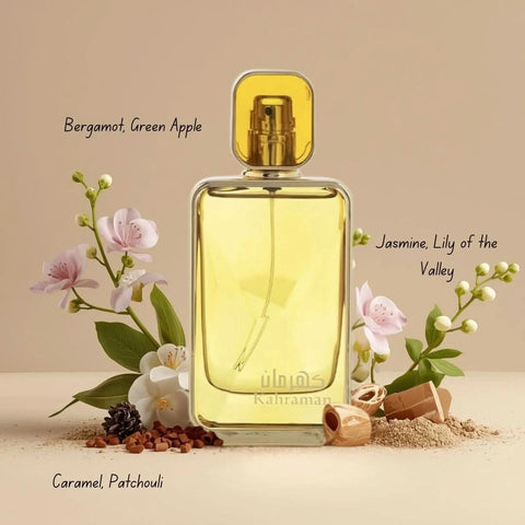 Arabian Oud Kahraman Eau de Parfum Spray 100ml, elegant bottle with floral and woody notes, Arabian Oud branding visible.