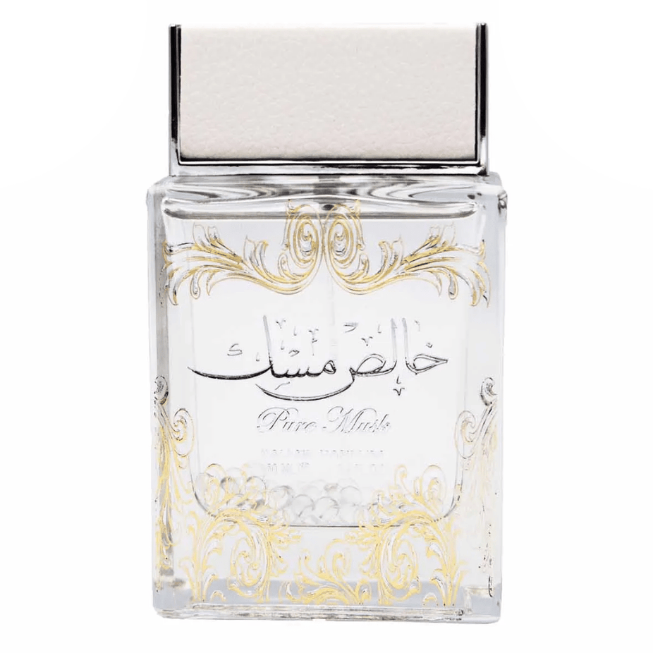 Lattafa Pure Musk Eau De Parfum spray bottle, 100ml, featuring sleek packaging and a minimalist design.