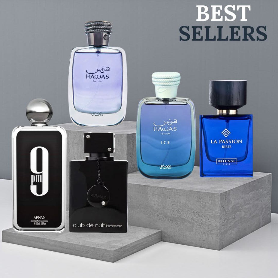 Intense Oud Hawas Men Eau De Parfum spray with bottles of Hawas Ice, 9PM, Club De Nuit Intense, and La Passion Blue for men.