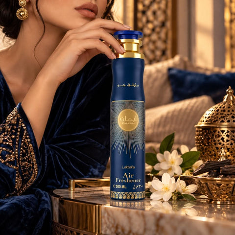 Lattafa Emaan air freshener 300ml bottle with a sleek design and label, designed to freshen indoor spaces.