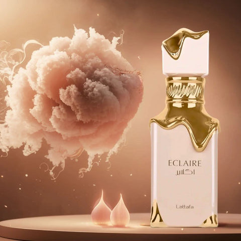 Lattafa Eclaire Eau de Parfum spray 100ml with velvet pouch, showcasing the elegant perfume bottle and packaging.