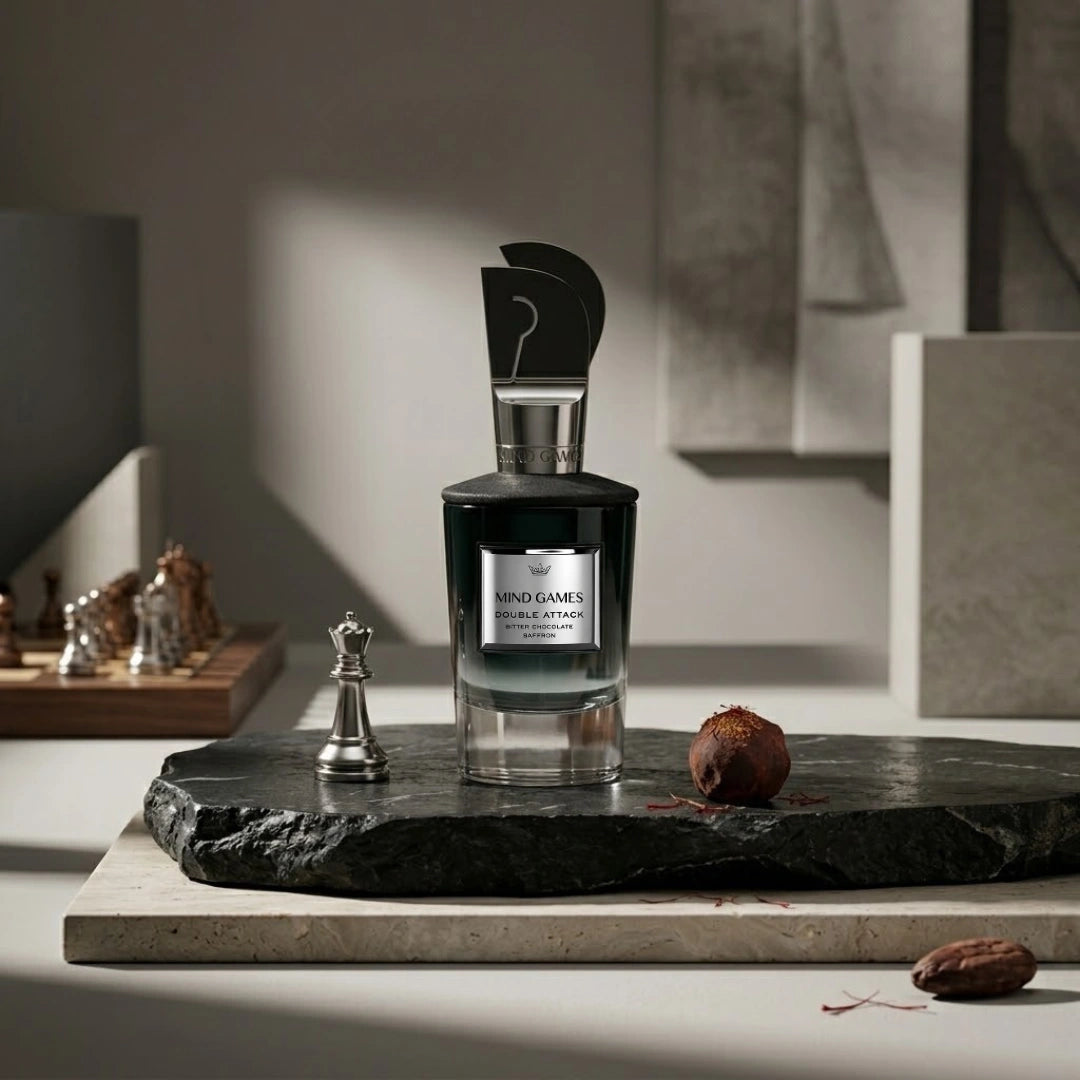 Double Attack Extrait de Parfum by Mind Games, 100ml EDP bottle with elegant design on a white background.