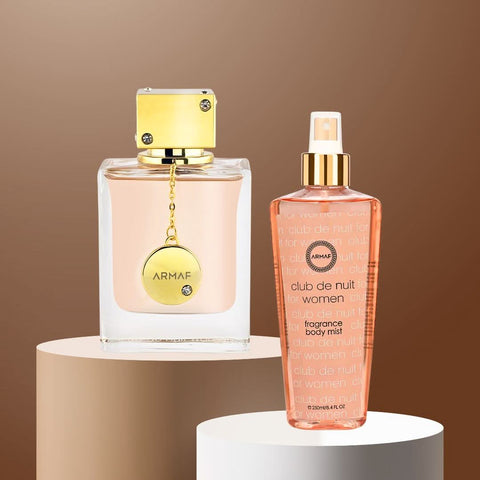 Armaf Club De Nuit Women Eau de Parfum spray and fragrance body mist bundle, featuring 105ml perfume and 250ml body mist.