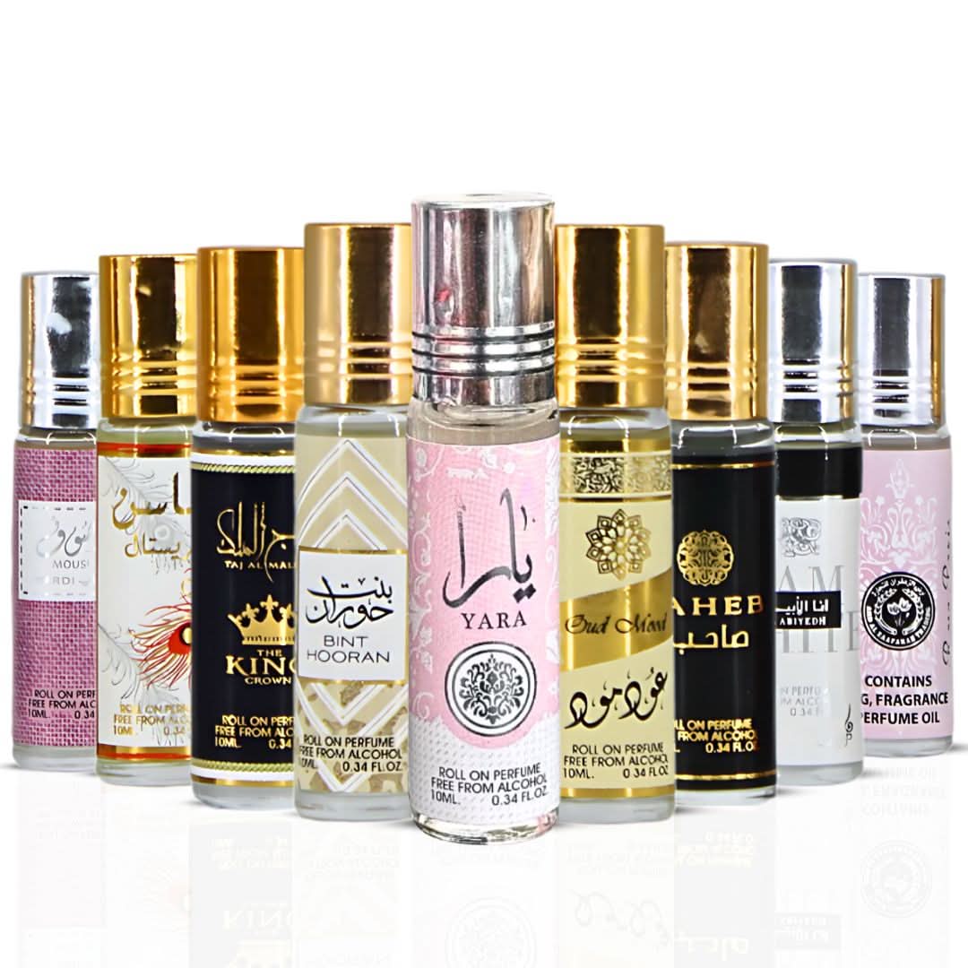 Collection of Ard Al Zaafaran roll-on perfume oils in 10ml bottles, featuring assorted scents in a pack of nine.