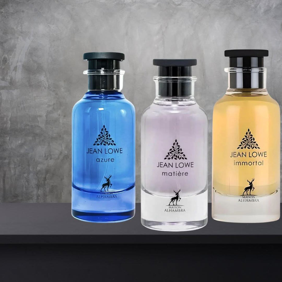 Maison Alhambra Jean Lowe Immortal, Matiere & Azure Eau de Parfum bundle with three 100ml spray bottles, elegant packaging.
