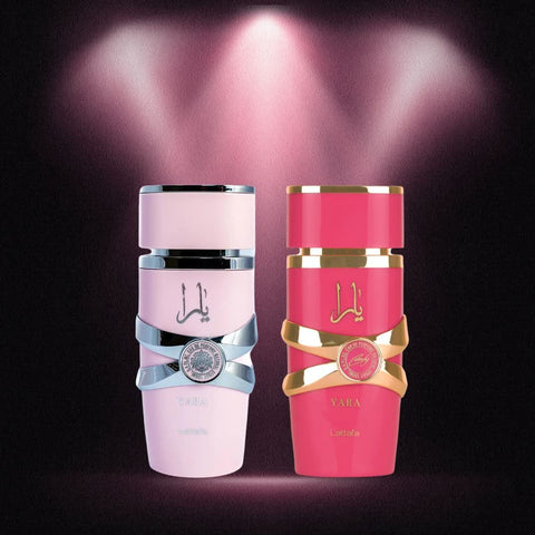 Bundle of Lattafa Yara & Yara Candy Eau de Parfum sprays, 100ml, featuring two elegant perfume bottles with decorative caps.