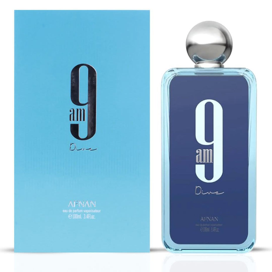 Afnan 9PM Rebel and 9AM Dive Eau de Parfum sprays in 100ml bottles, shown together in a bundle, with sleek packaging.