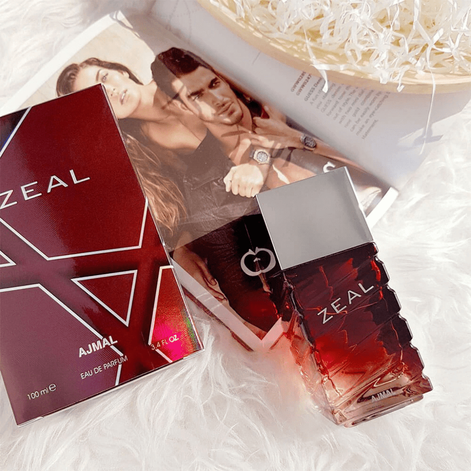 Ajmal Zeal for Men Eau De Parfum 100ml bottle with sleek packaging and fragrance notes visible.