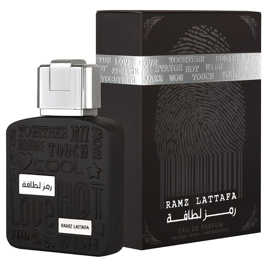 Lattafa Ramz Lattafa Silver Eau de Parfum spray 100ml bottle, sleek design, showcasing the fragrance for men.