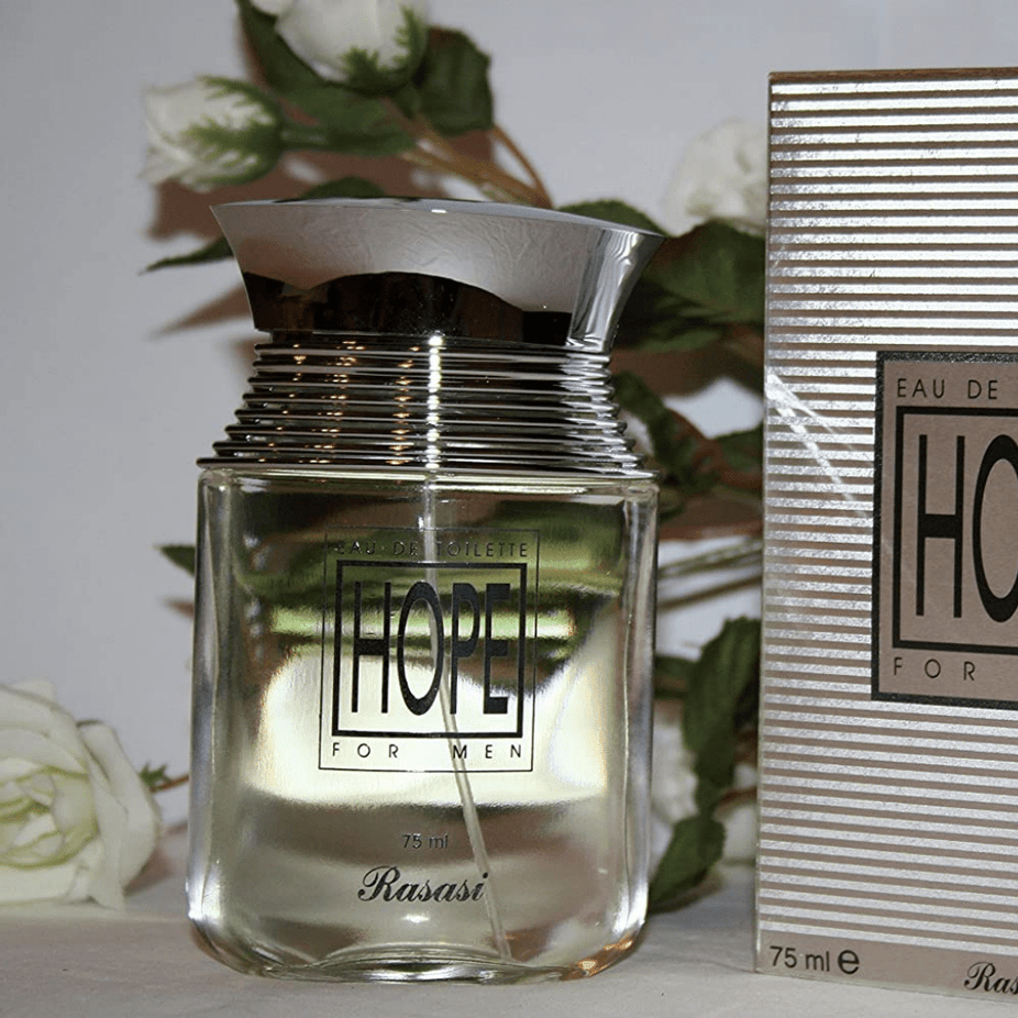 Hope for Men Eau De Parfum by Rasasi, 75ml bottle, sleek design with dark and silver accents, stylish men's fragrance packaging