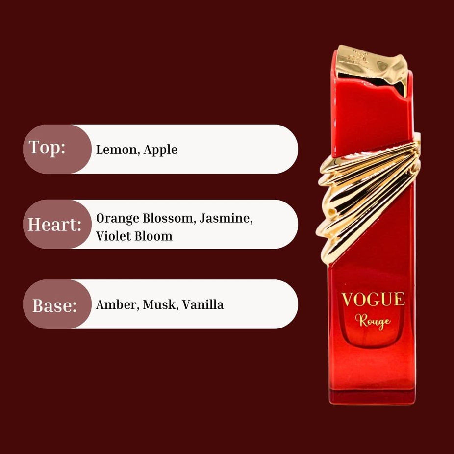 Maison Alhambra Vogue Rouge Eau de Parfum spray 100ml bottle with elegant packaging and red accents.
