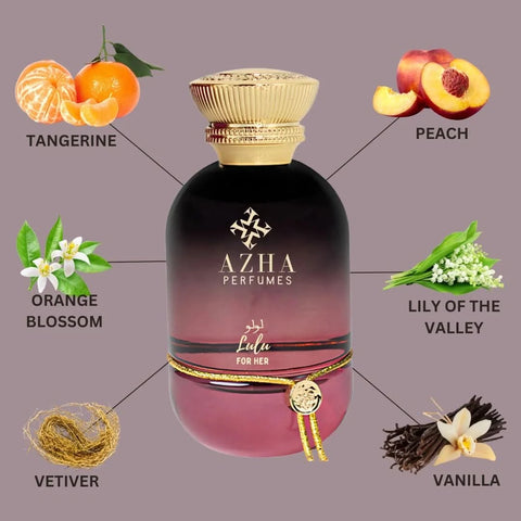 Azha Lulu for Her Eau De Parfum spray 100ml in a velvet pouch, featuring elegant glass bottle with floral and fruity notes.