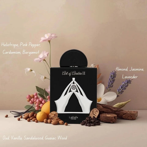 Lattafa Sur Mesure Noir and Art Of Arabia II Eau de Parfum sprays in 100ml bundle, featuring elegant perfume bottles with dark and artistic designs.