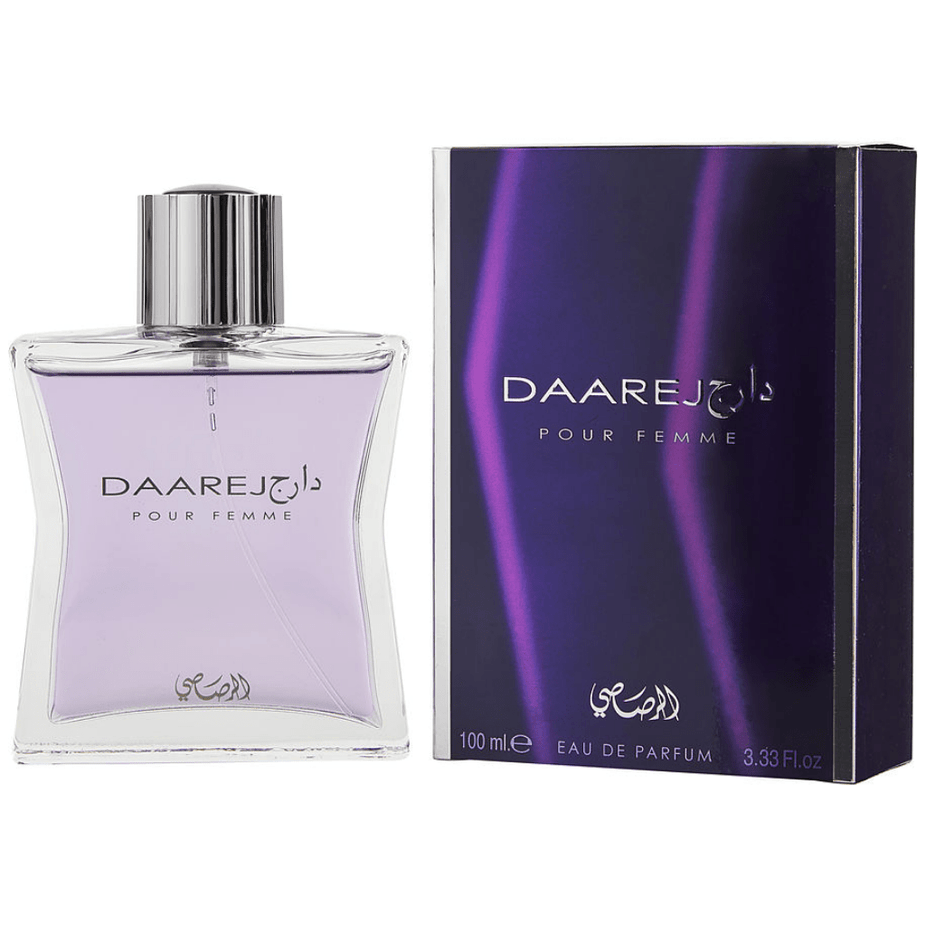 Daarej EDP couple set by Rasasi, featuring 100ml bottles for men and women, shown with elegant packaging and perfume bottles.