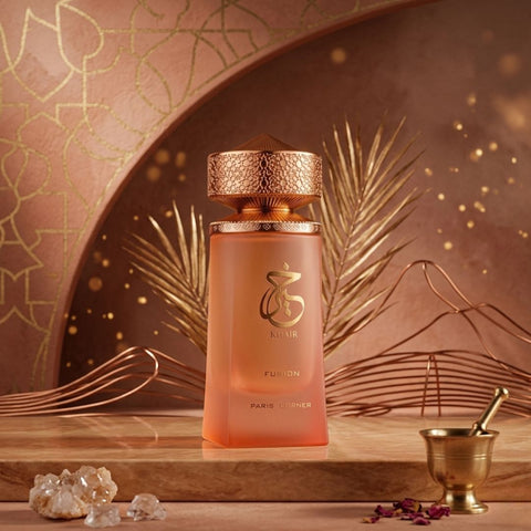 Paris Corner Khair Fusion Eau de Parfum spray 100ml bottle with elegant design and floral accents.