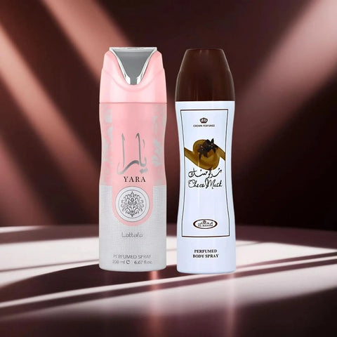 Bundle of Yara by Lattafa and Choco Musk by Al Rehab perfumed body sprays, 200ml bottles with floral and chocolate scent designs.