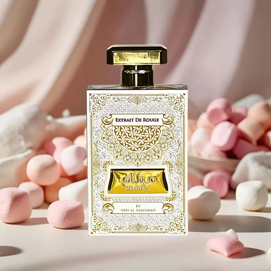 Pink Blush Meethaq Rouge and Manaal Eau de Parfum sprays by Ard Al Zaafaran in a 100ml bundle, featuring elegant glass bottles.