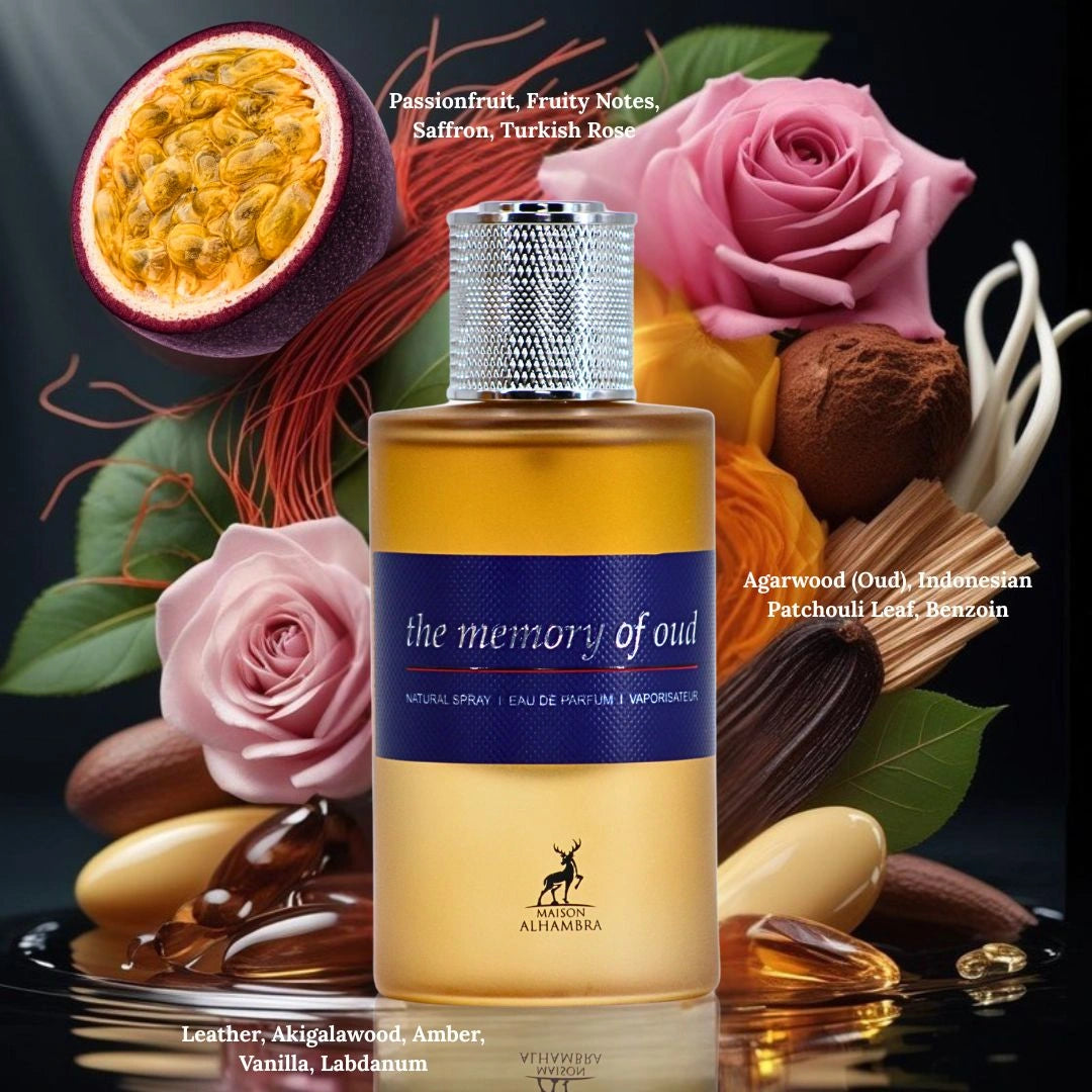 The Memory of Oud Eau de Parfum Spray 60ml (2.02 oz) by Maison Alhambra | Dark Oud, Golden Amber & Soft Vanilla - Intense Oud
