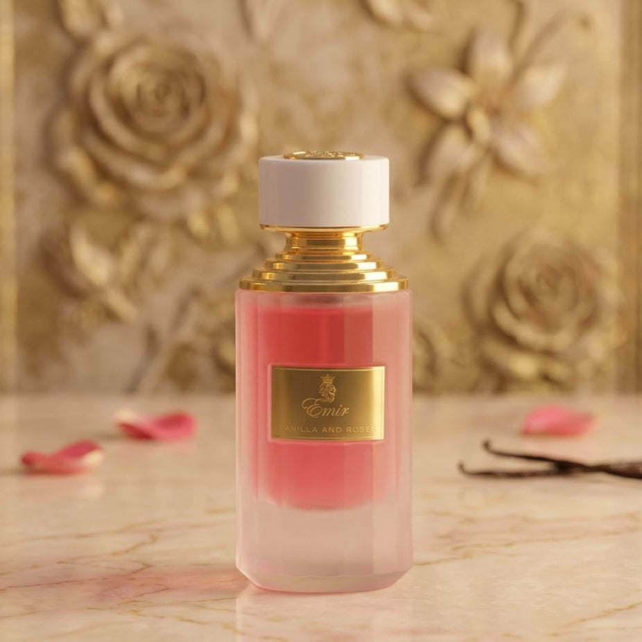 Emir Vanilla and Roses Eau de Parfum spray by Paris Corner, 100ml bottle with floral and vanilla scented design.