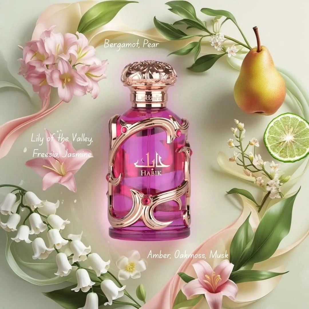 Lattafa Atheeri & Habik for Women Eau de Parfum sprays, 100ml bottles, elegant packaging, floral and oriental fragrance duo.