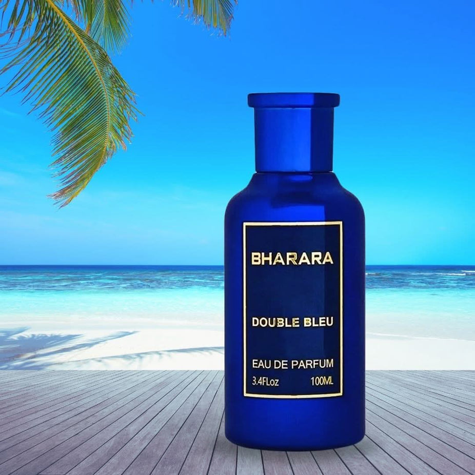 Bharara Double Bleu Eau de Parfum spray bottle, 100ml, sleek blue design, showcasing the BHARARA fragrance packaging