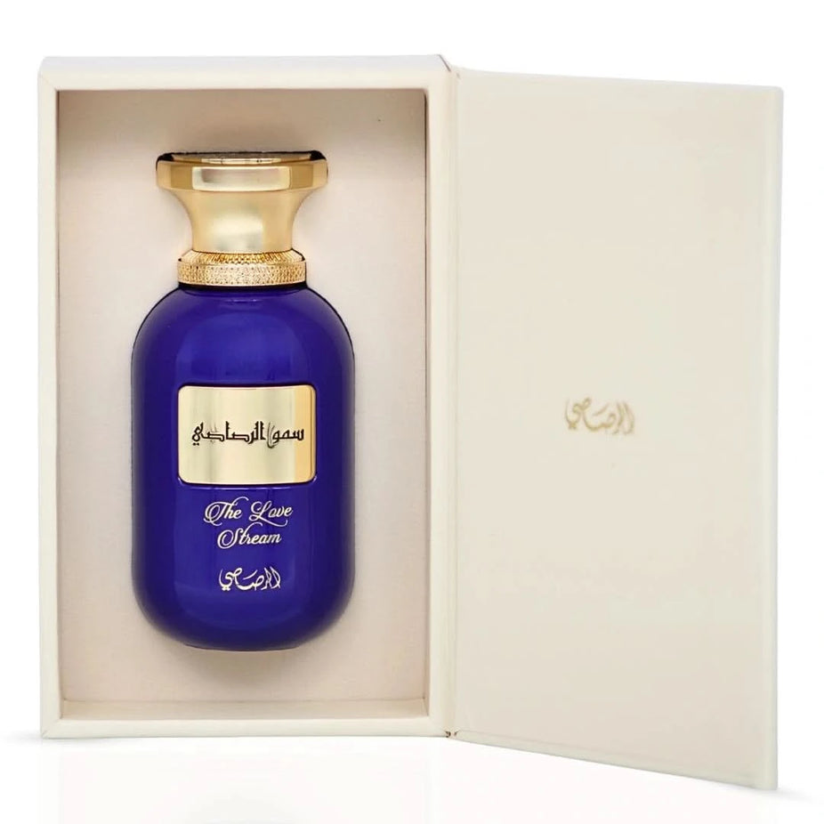 Rasasi Somow Al Rasasi The Love Stream Eau de Parfum spray bottle, 100ml, with elegant perfume packaging and branding.