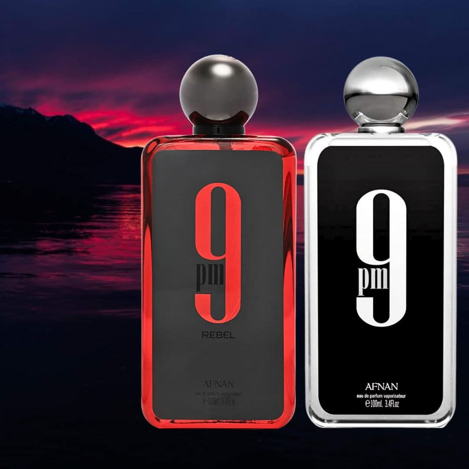A bundle of two 100ml Afnan 9PM & 9PM Rebel Eau de Parfum sprays with sleek bottles and modern packaging.