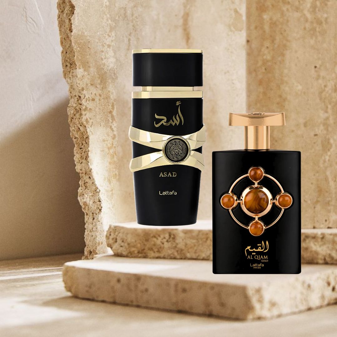 Asad & Al Qiam Gold EDP Sprays 100ML (3.4 OZ) By Lattafa | Two Distinct Scents, One Irresistible Appeal. (PIONEER BUNDLE) - Intense Oud