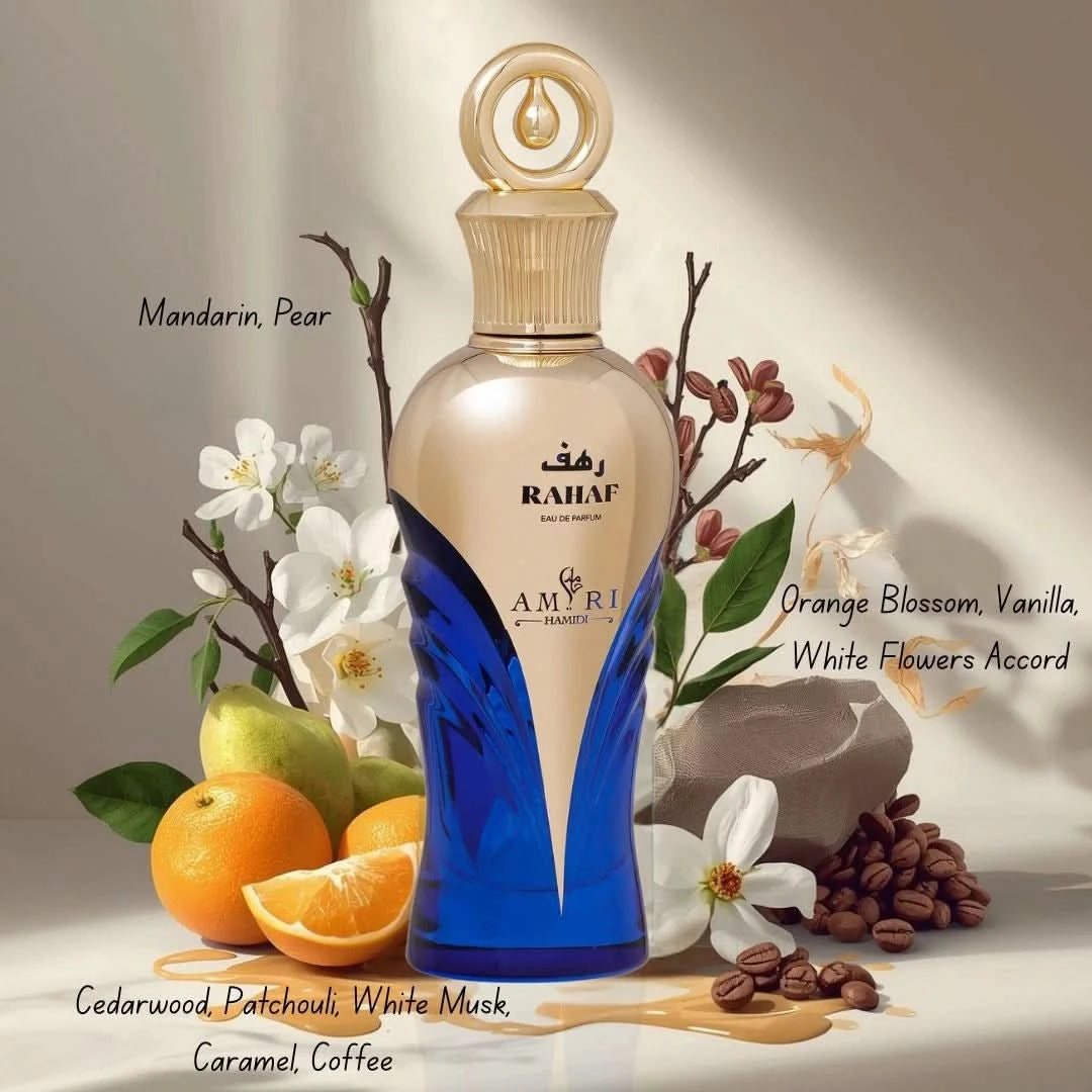 Hamidi Ghalya Amiri, Amiri Rahaf, and Fondue Exotic Eau de Parfum sprays in a 100ml bundle, featuring elegant perfume bottles.
