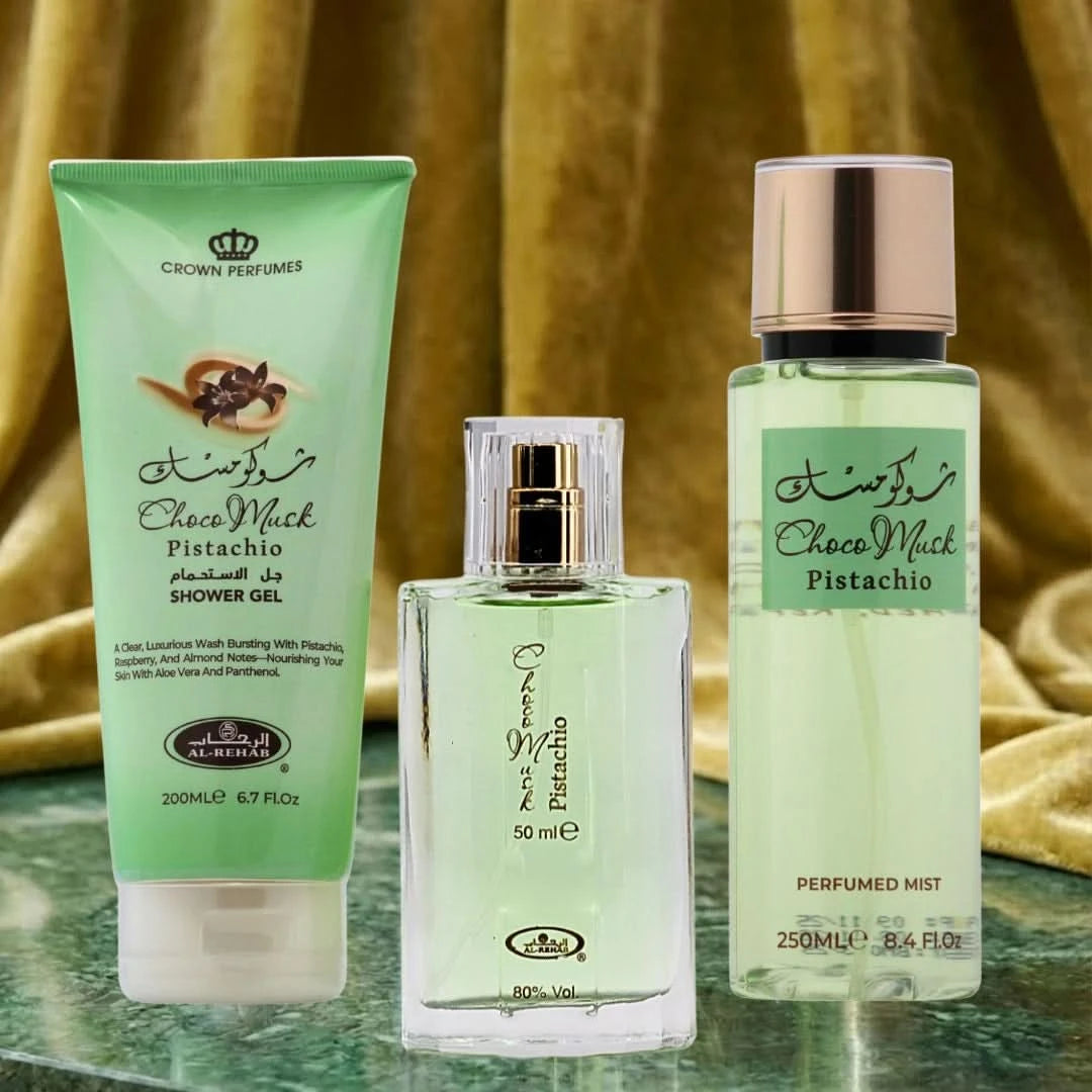 Al Rehab Choco Musk Pistachio 3-piece perfume gift set with elegant bottles and packaging, perfect for gifting or personal use.