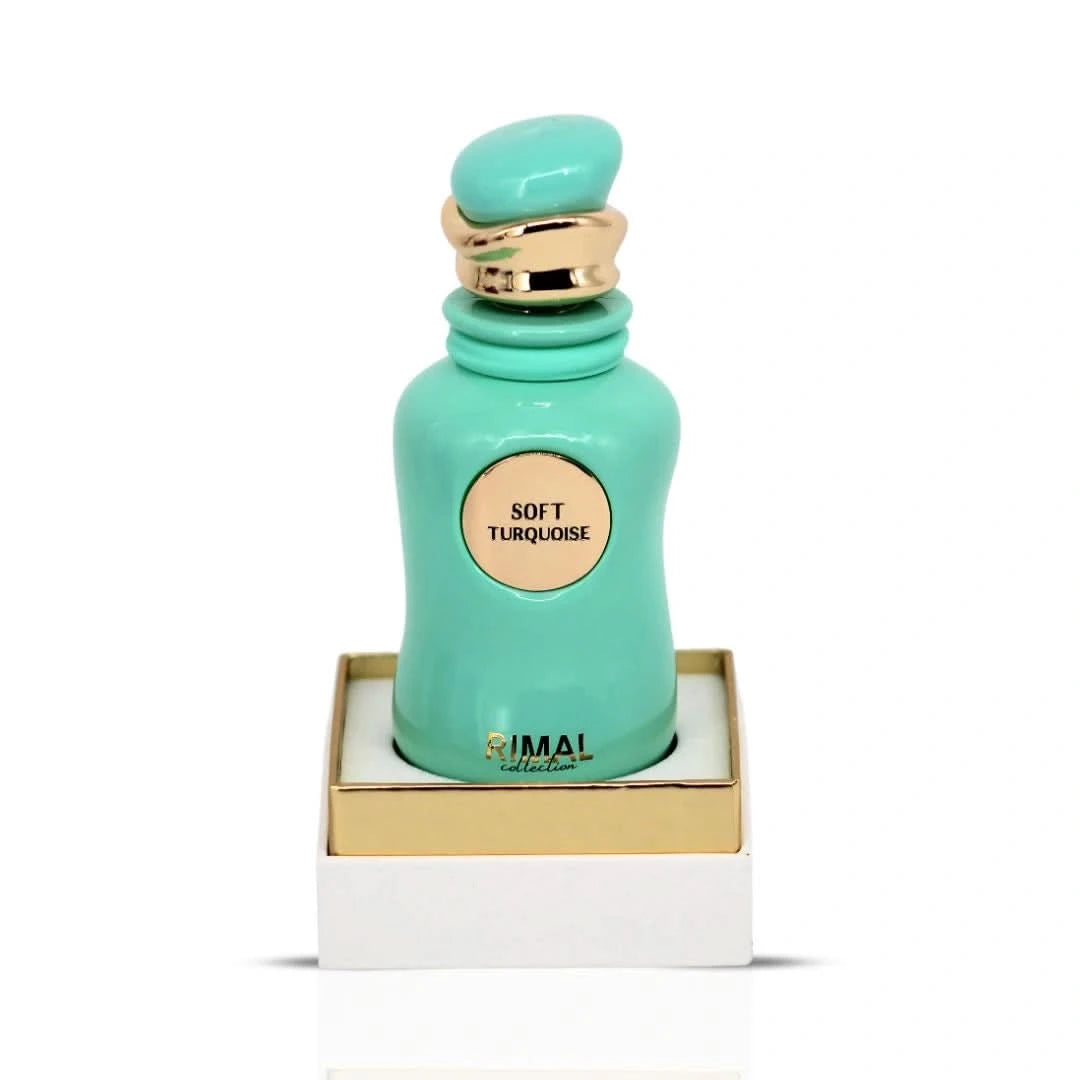 Soft turquoise Rimal Collection Eau de Parfum spray bottle, 100ml, with elegant packaging and cap, showcasing the fragrance design.